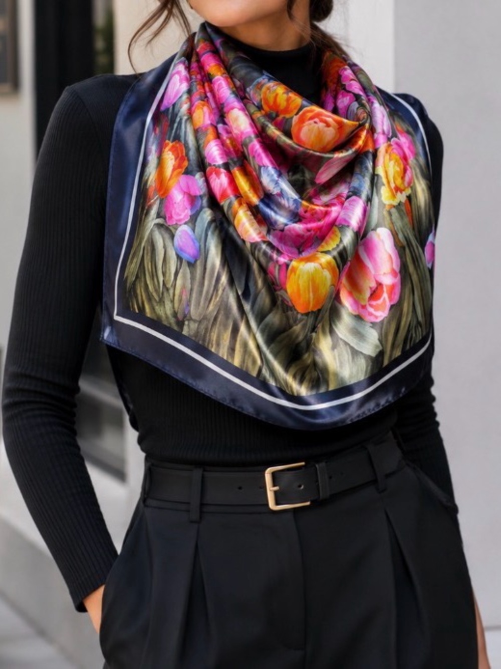Casca Scarfs 100% Silk Vintage Tulips Scarf Wrap Made in Korea 34” Square